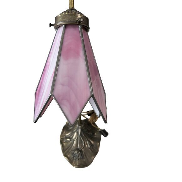 Vintage L&L WMC Tiffany Style Stained Glass Table Lamp MCM Pink - Lily Pad 19"H - Picture 4 of 13